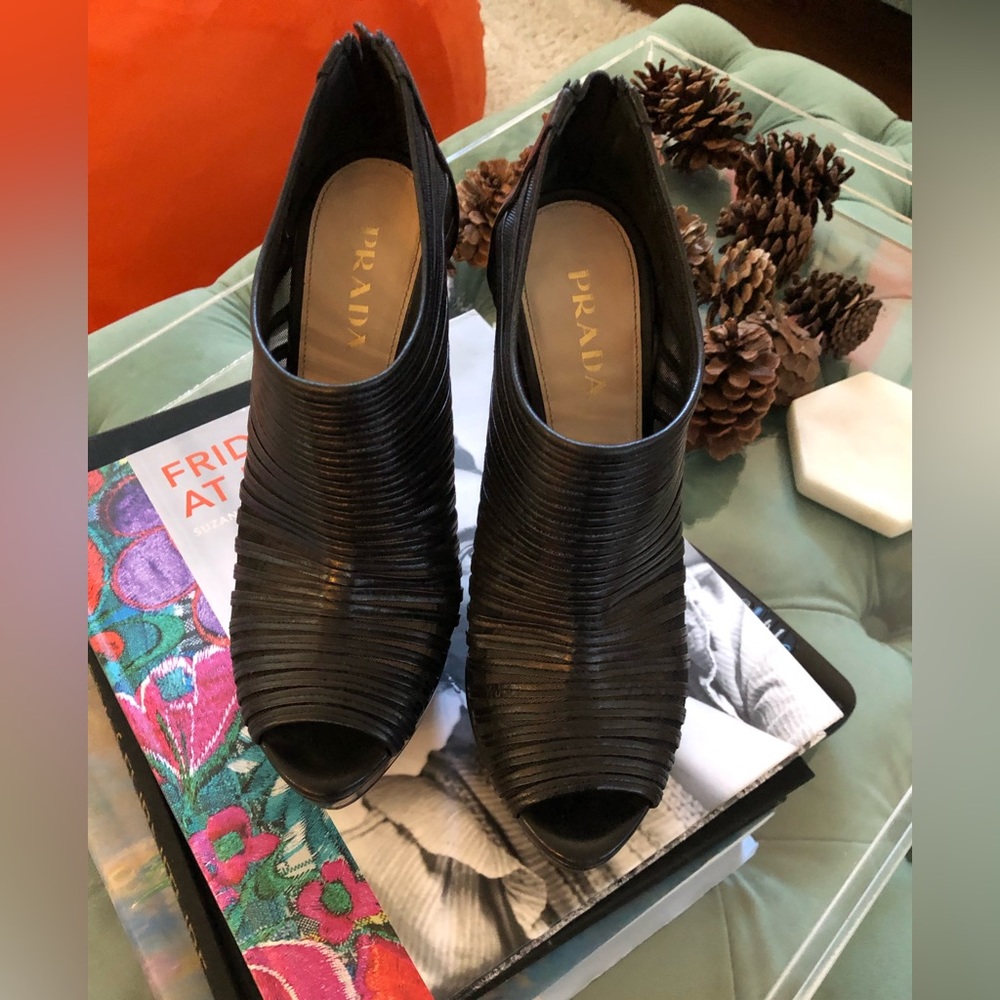 Prada black open toe booties size 37 1/2